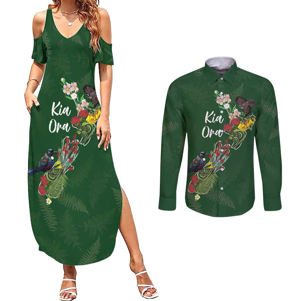 Kia Ora New Zealand Floral Personalized Couples Matching Summer Maxi Dress and Long Sleeve Button Shirt Sage Green - Aussie Hoodie