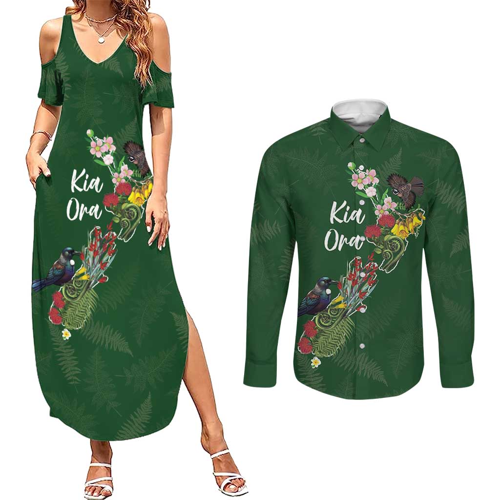 Kia Ora New Zealand Floral Personalized Couples Matching Summer Maxi Dress and Long Sleeve Button Shirt Sage Green - Aussie Hoodie
