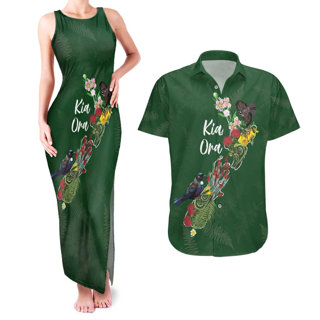 Kia Ora New Zealand Floral Personalized Couples Matching Tank Maxi Dress and Hawaiian Shirt Sage Green - Aussie Hoodie