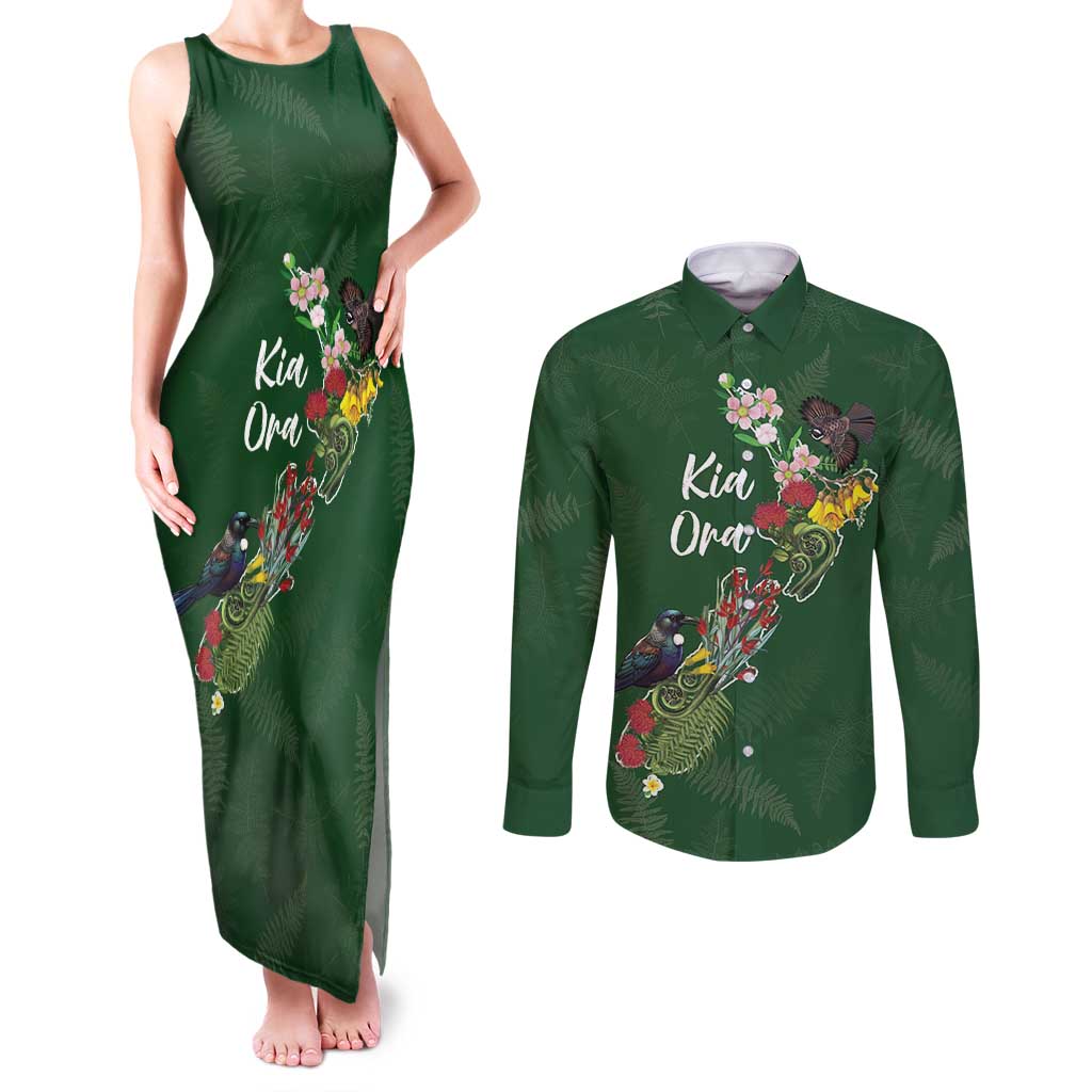 Kia Ora New Zealand Floral Personalized Couples Matching Tank Maxi Dress and Long Sleeve Button Shirt Sage Green - Aussie Hoodie