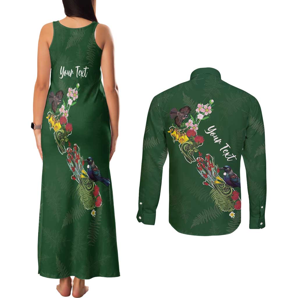 Kia Ora New Zealand Floral Personalized Couples Matching Tank Maxi Dress and Long Sleeve Button Shirt Sage Green - Aussie Hoodie