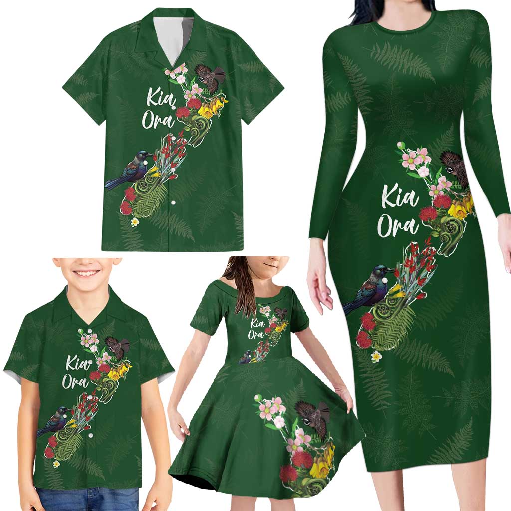 Kia Ora New Zealand Floral Personalized Family Matching Long Sleeve Bodycon Dress and Hawaiian Shirt Sage Green - Aussie Hoodie