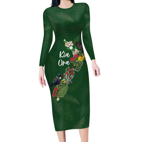 Kia Ora New Zealand Floral Personalized Family Matching Long Sleeve Bodycon Dress and Hawaiian Shirt Sage Green - Aussie Hoodie