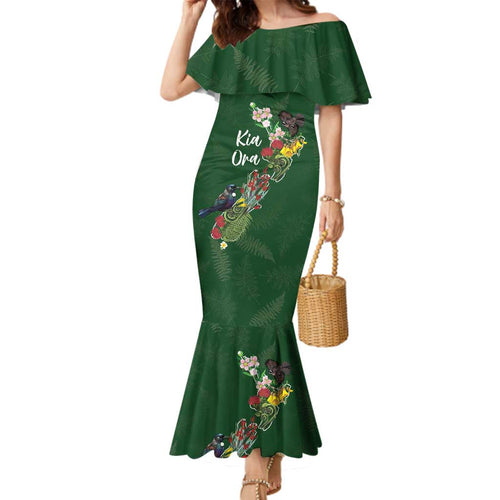 Kia Ora New Zealand Floral Personalized Family Matching Mermaid Dress and Hawaiian Shirt Sage Green - Aussie Hoodie