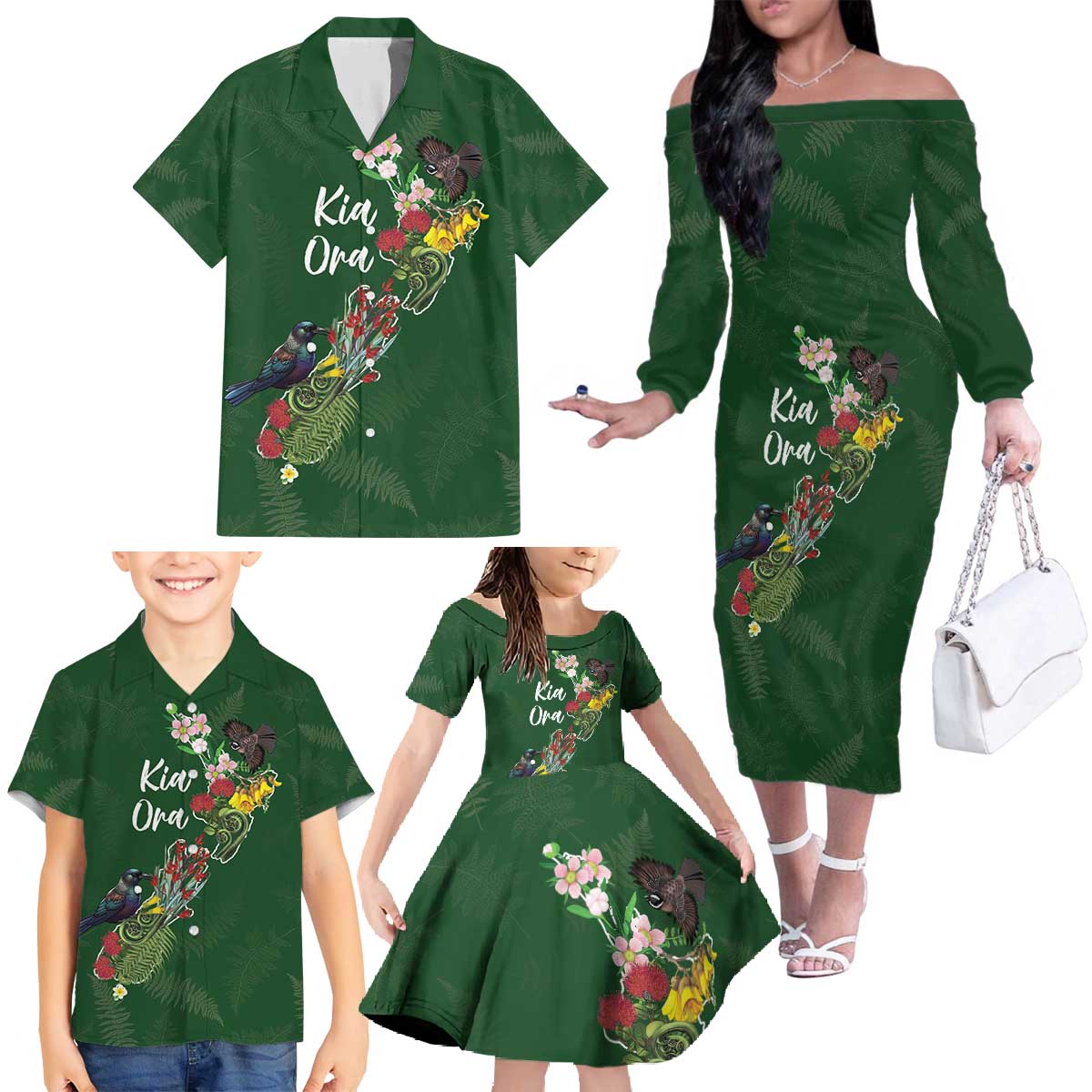 Kia Ora New Zealand Floral Personalized Family Matching Off The Shoulder Long Sleeve Dress and Hawaiian Shirt Sage Green - Aussie Hoodie