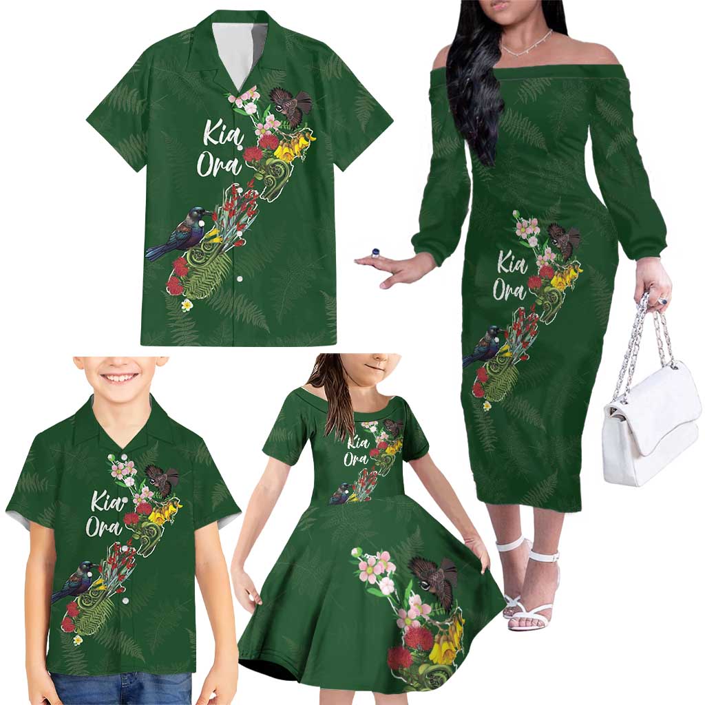 Kia Ora New Zealand Floral Personalized Family Matching Off The Shoulder Long Sleeve Dress and Hawaiian Shirt Sage Green - Aussie Hoodie