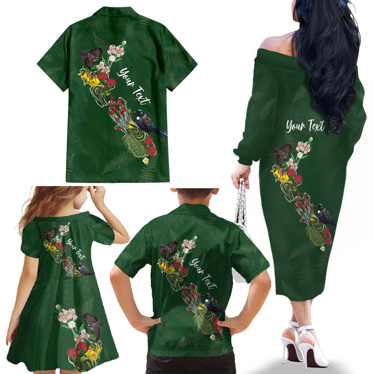 Kia Ora New Zealand Floral Personalized Family Matching Off The Shoulder Long Sleeve Dress and Hawaiian Shirt Sage Green - Aussie Hoodie