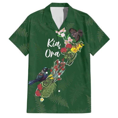 Kia Ora New Zealand Floral Personalized Family Matching Off The Shoulder Long Sleeve Dress and Hawaiian Shirt Sage Green - Aussie Hoodie