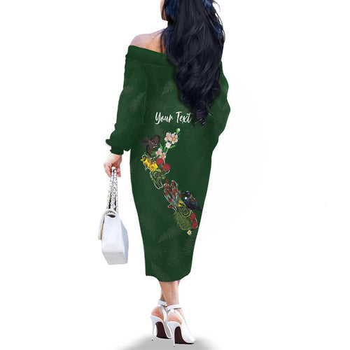 Kia Ora New Zealand Floral Personalized Family Matching Off The Shoulder Long Sleeve Dress and Hawaiian Shirt Sage Green - Aussie Hoodie