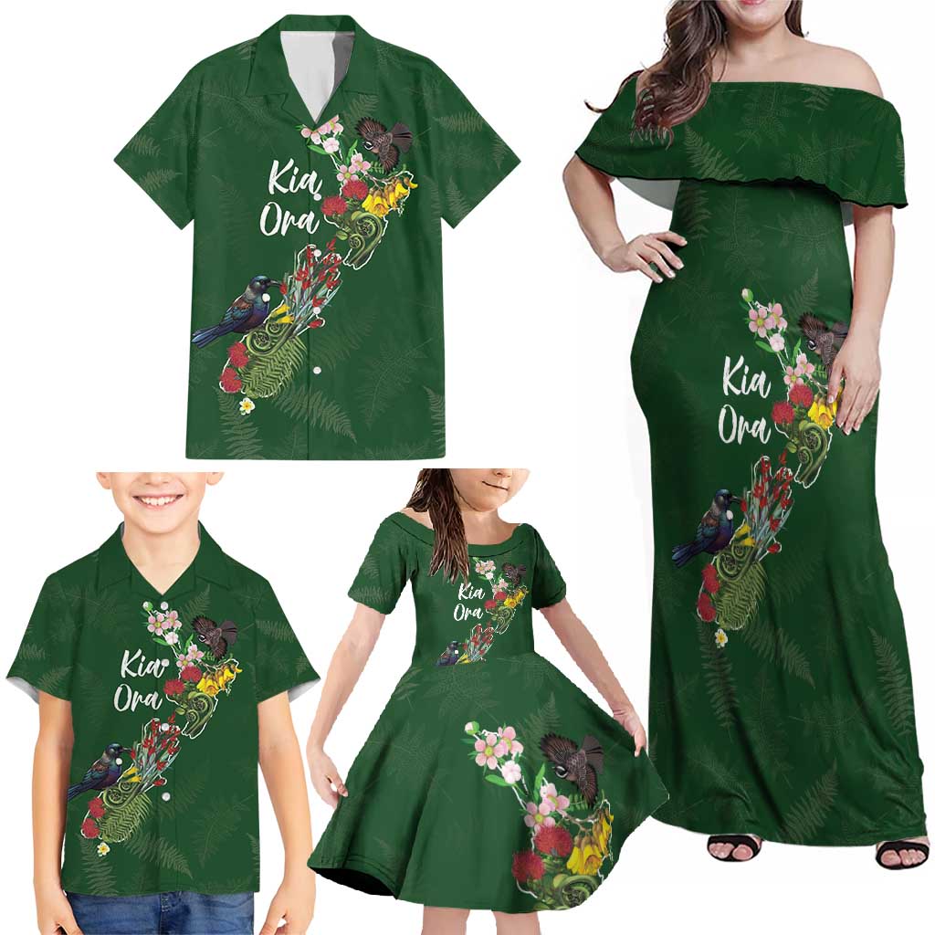 Kia Ora New Zealand Floral Personalized Family Matching Off Shoulder Maxi Dress and Hawaiian Shirt Sage Green - Aussie Hoodie