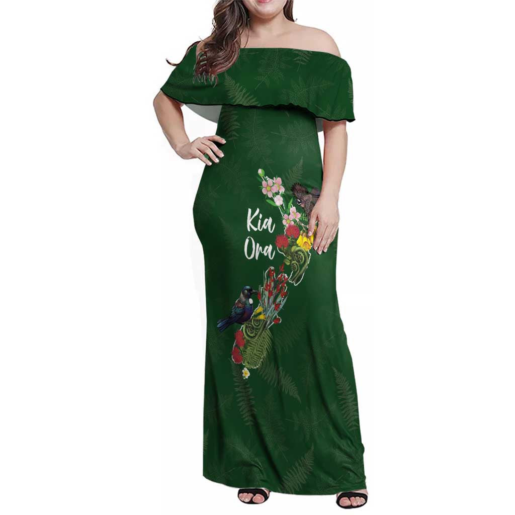 Kia Ora New Zealand Floral Personalized Family Matching Off Shoulder Maxi Dress and Hawaiian Shirt Sage Green - Aussie Hoodie