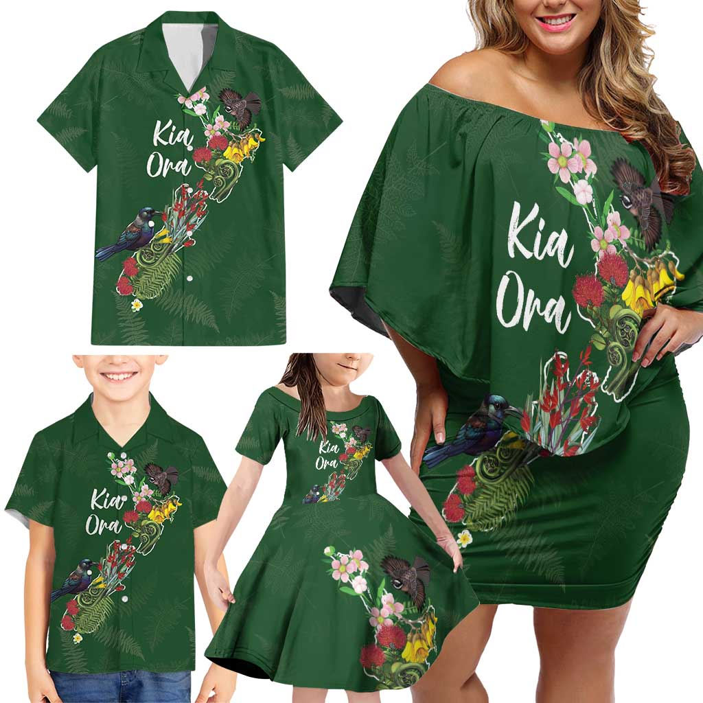 Kia Ora New Zealand Floral Personalized Family Matching Off Shoulder Short Dress and Hawaiian Shirt Sage Green - Aussie Hoodie