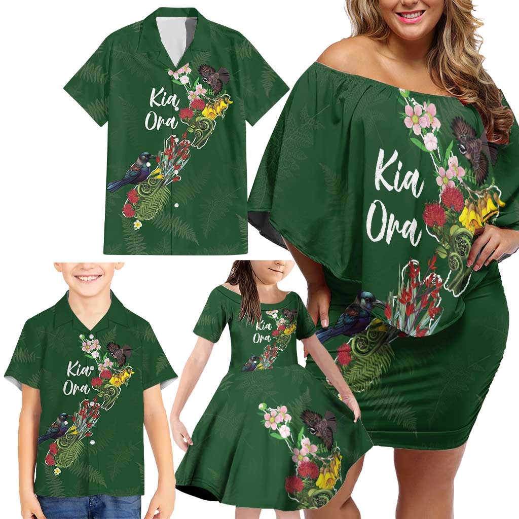 Kia Ora New Zealand Floral Personalized Family Matching Off Shoulder Short Dress and Hawaiian Shirt Sage Green - Aussie Hoodie