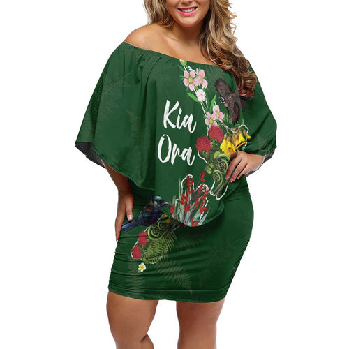 Kia Ora New Zealand Floral Personalized Family Matching Off Shoulder Short Dress and Hawaiian Shirt Sage Green - Aussie Hoodie