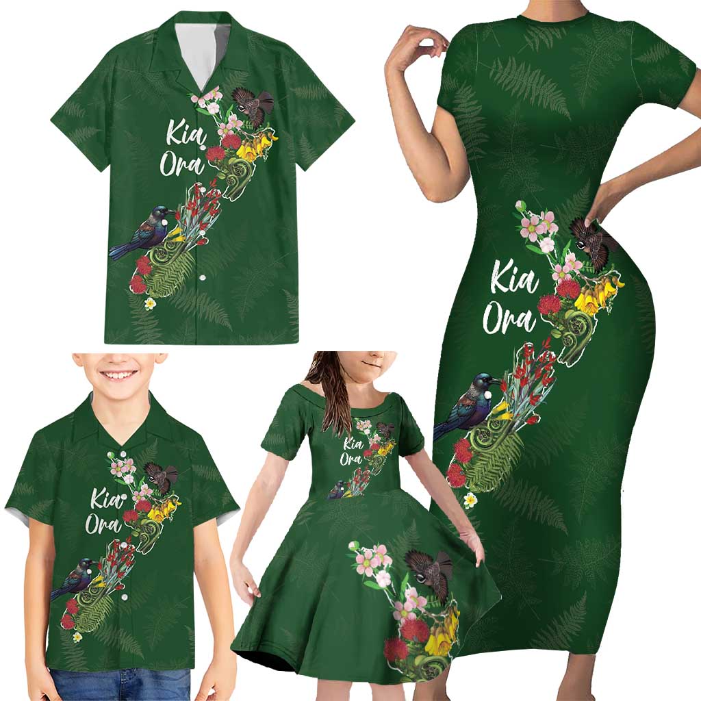 Kia Ora New Zealand Floral Personalized Family Matching Short Sleeve Bodycon Dress and Hawaiian Shirt Sage Green - Aussie Hoodie