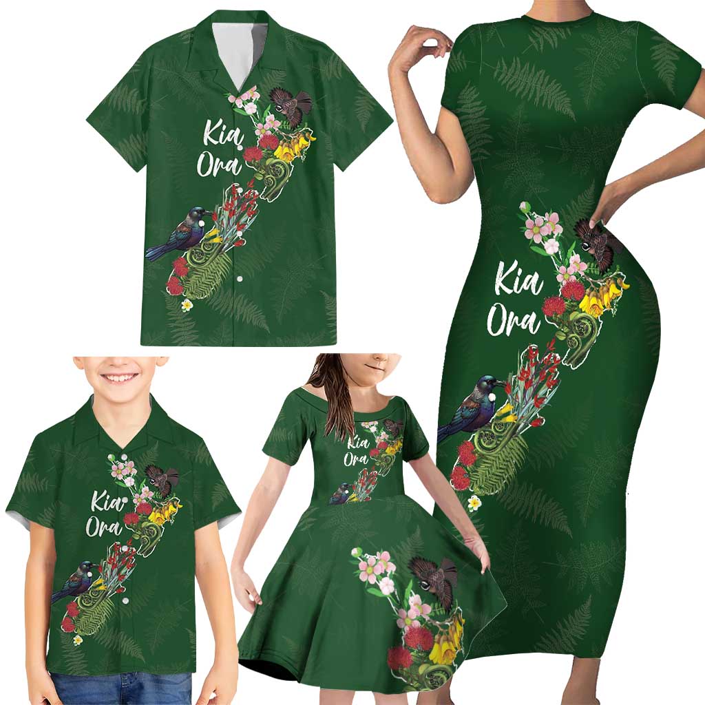 Kia Ora New Zealand Floral Personalized Family Matching Short Sleeve Bodycon Dress and Hawaiian Shirt Sage Green - Aussie Hoodie