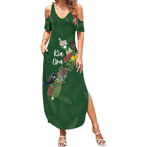 Kia Ora New Zealand Floral Personalized Family Matching Summer Maxi Dress and Hawaiian Shirt Sage Green - Aussie Hoodie