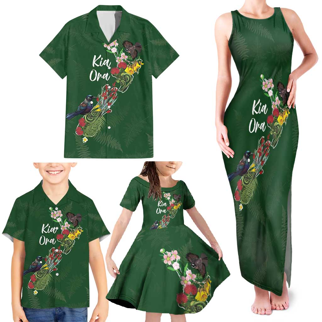 Kia Ora New Zealand Floral Personalized Family Matching Tank Maxi Dress and Hawaiian Shirt Sage Green - Aussie Hoodie