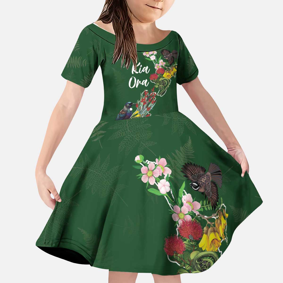 Kia Ora New Zealand Floral Personalized Kid Short Sleeve Dress Sage Green - Aussie Hoodie