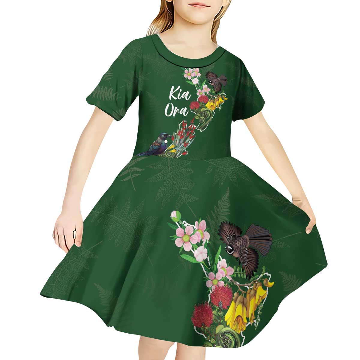 Kia Ora New Zealand Floral Personalized Kid Short Sleeve Dress Sage Green - Aussie Hoodie