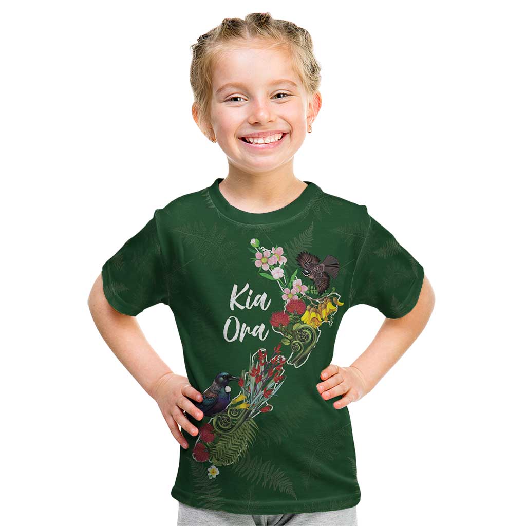 Kia Ora New Zealand Floral Personalized Kid T Shirt Sage Green - Aussie Hoodie