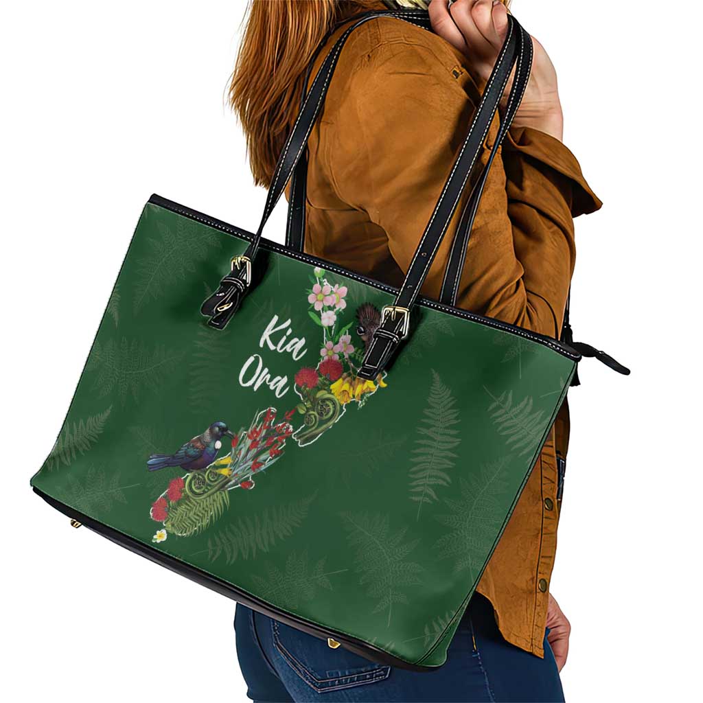 Kia Ora New Zealand Floral Leather Tote Bag Sage Green - Aussie Hoodie
