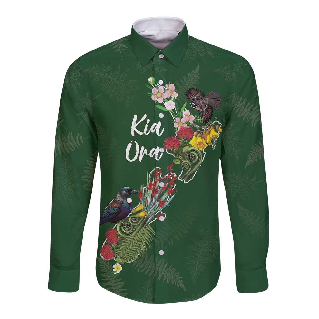 Kia Ora New Zealand Floral Personalized Long Sleeve Button Shirt Sage Green - Aussie Hoodie