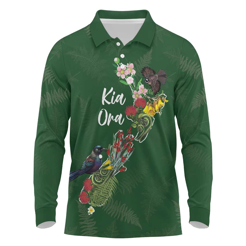 Kia Ora New Zealand Floral Personalized Long Sleeve Polo Shirt Sage Green - Aussie Hoodie