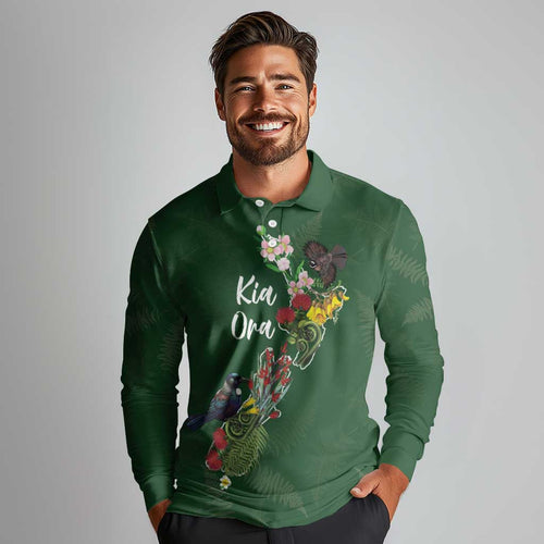 Kia Ora New Zealand Floral Personalized Long Sleeve Polo Shirt Sage Green - Aussie Hoodie