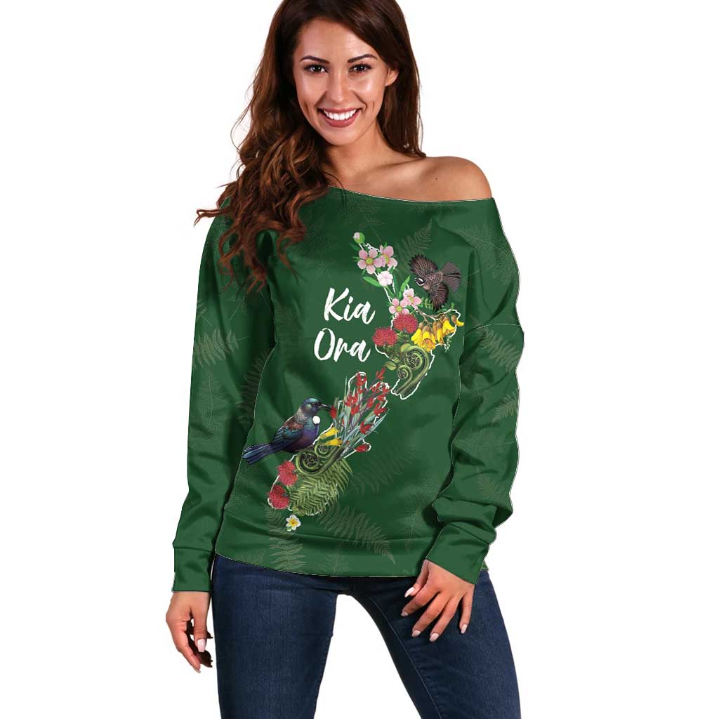 Kia Ora New Zealand Floral Personalized Off Shoulder Sweater Sage Green - Aussie Hoodie