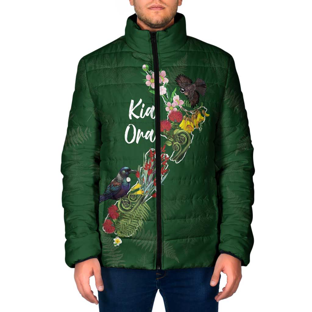 Kia Ora New Zealand Floral Personalized Padded Jacket Sage Green - Aussie Hoodie