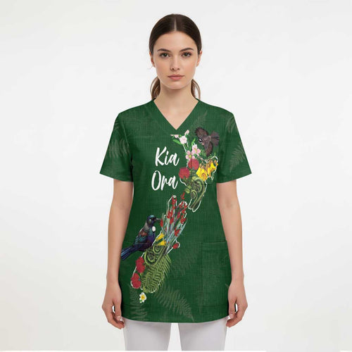 Kia Ora New Zealand Floral Personalized Scrub Top Sage Green - Aussie Hoodie