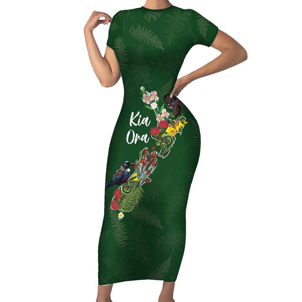 Kia Ora New Zealand Floral Personalized Short Sleeve Bodycon Dress Sage Green - Aussie Hoodie