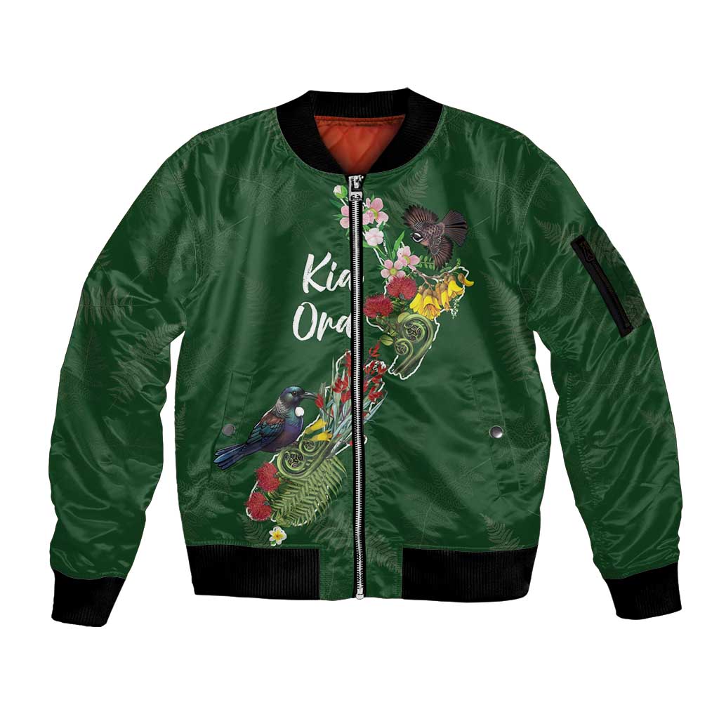 Kia Ora New Zealand Floral Personalized Sleeve Zip Bomber Jacket Sage Green - Aussie Hoodie