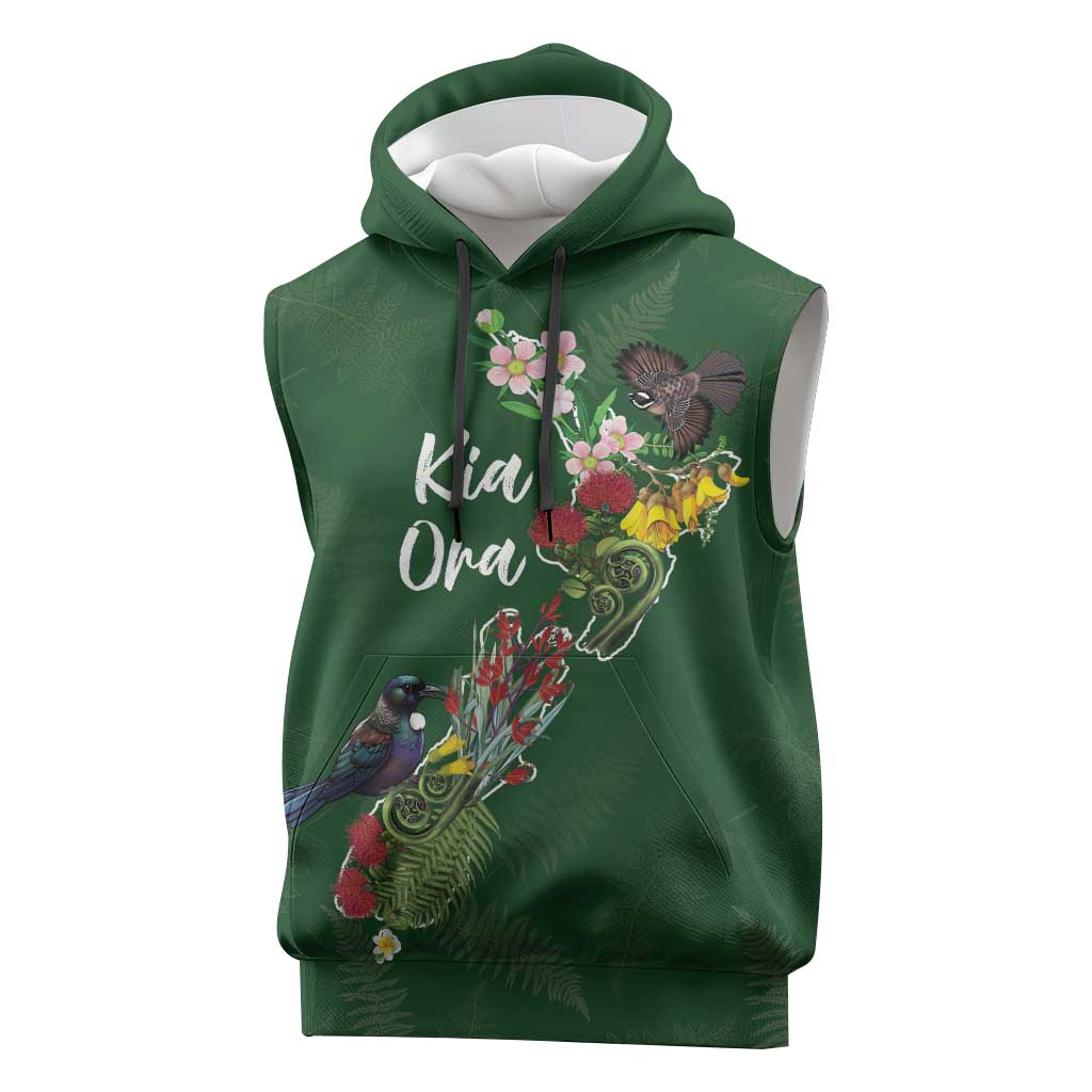 Kia Ora New Zealand Floral Personalized Sleeveless Hoodie Sage Green - Aussie Hoodie