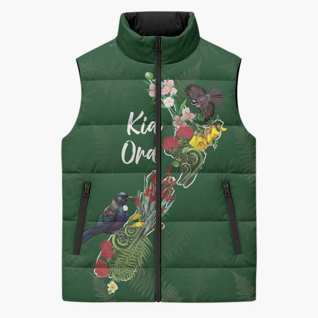 Kia Ora New Zealand Floral Personalized Sleeveless Puffer Jacket Sage Green - Aussie Hoodie