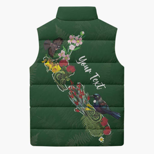 Kia Ora New Zealand Floral Personalized Sleeveless Puffer Jacket Sage Green - Aussie Hoodie