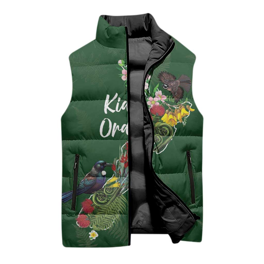 Kia Ora New Zealand Floral Personalized Sleeveless Puffer Jacket Sage Green - Aussie Hoodie