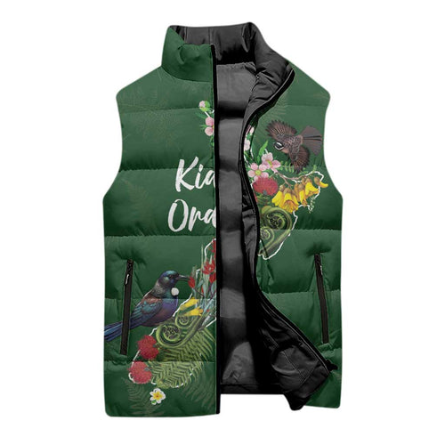 Kia Ora New Zealand Floral Personalized Sleeveless Puffer Jacket Sage Green - Aussie Hoodie