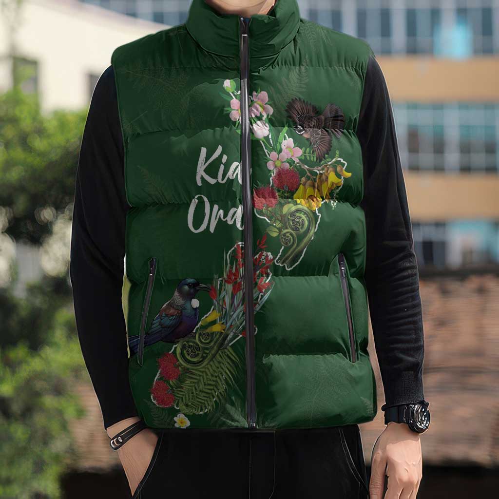 Kia Ora New Zealand Floral Personalized Sleeveless Puffer Jacket Sage Green - Aussie Hoodie