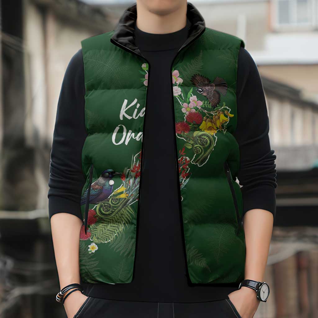 Kia Ora New Zealand Floral Personalized Sleeveless Puffer Jacket Sage Green - Aussie Hoodie