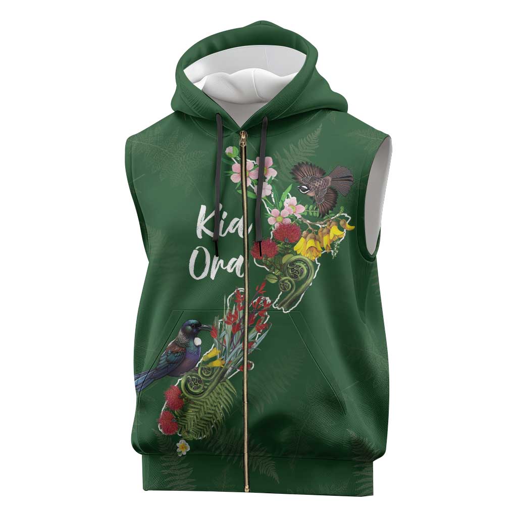 Kia Ora New Zealand Floral Personalized Sleeveless Zip Hoodie Sage Green - Aussie Hoodie