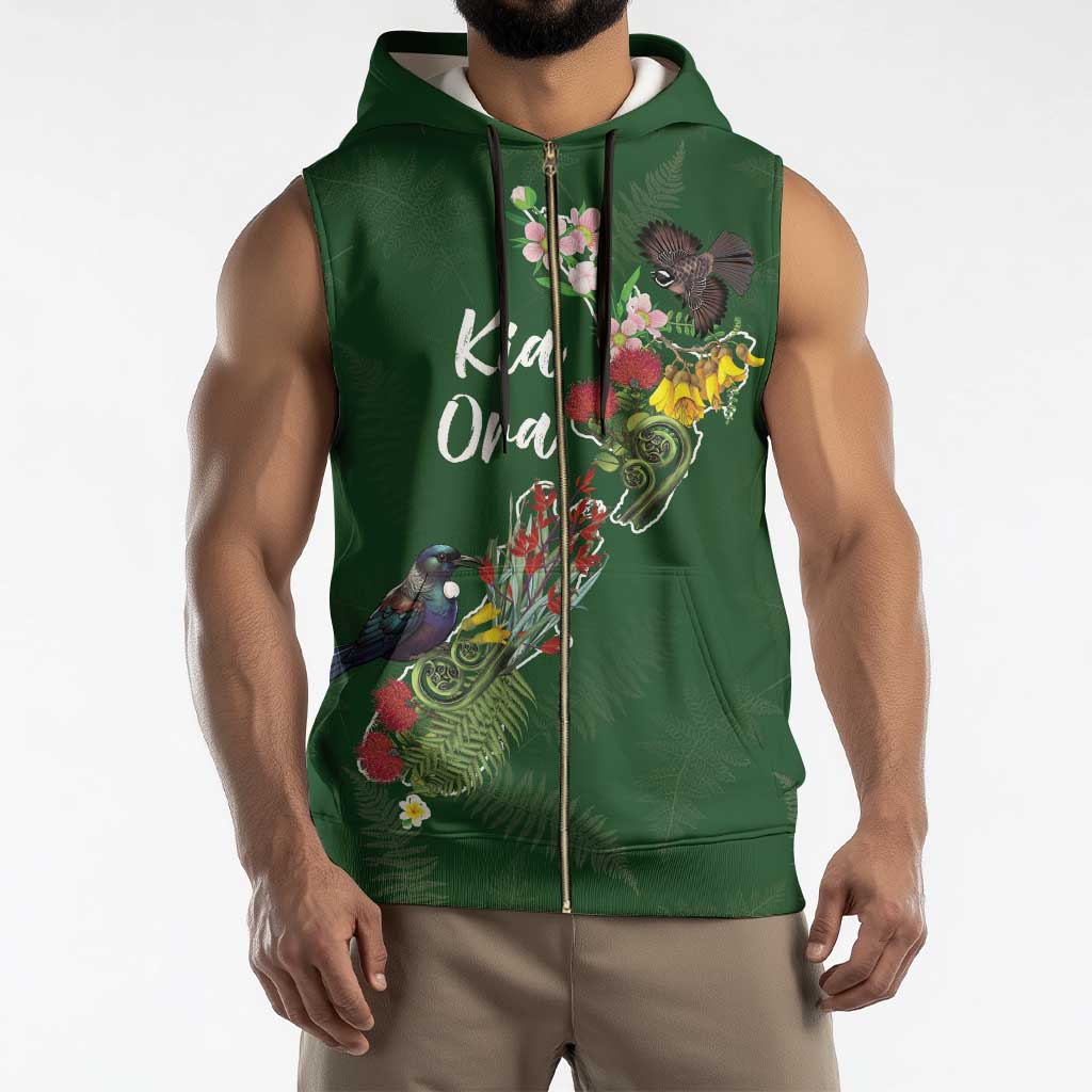 Kia Ora New Zealand Floral Personalized Sleeveless Zip Hoodie Sage Green - Aussie Hoodie