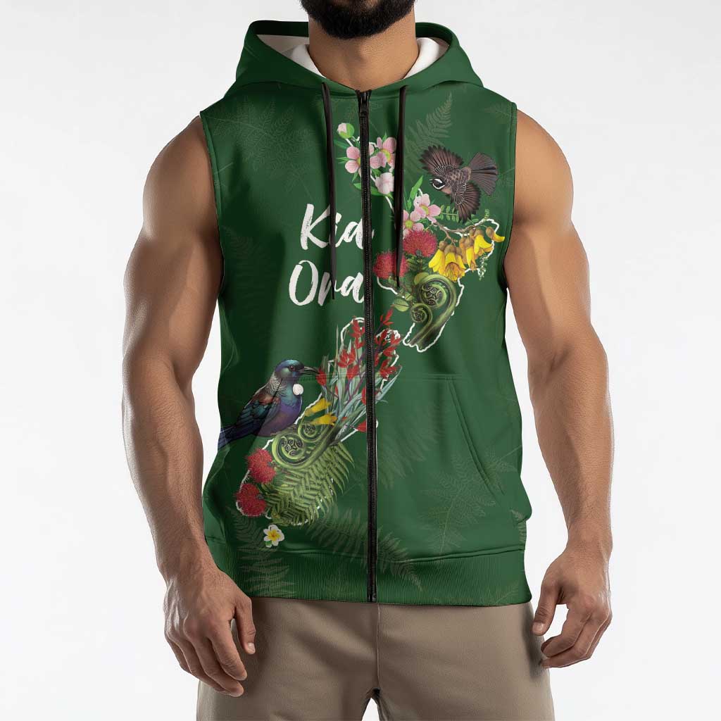 Kia Ora New Zealand Floral Personalized Sleeveless Zip Hoodie Sage Green LT7