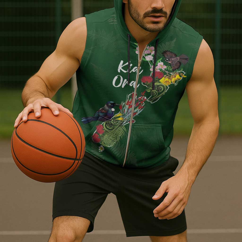 Kia Ora New Zealand Floral Personalized Sleeveless Zip Hoodie Sage Green - Aussie Hoodie