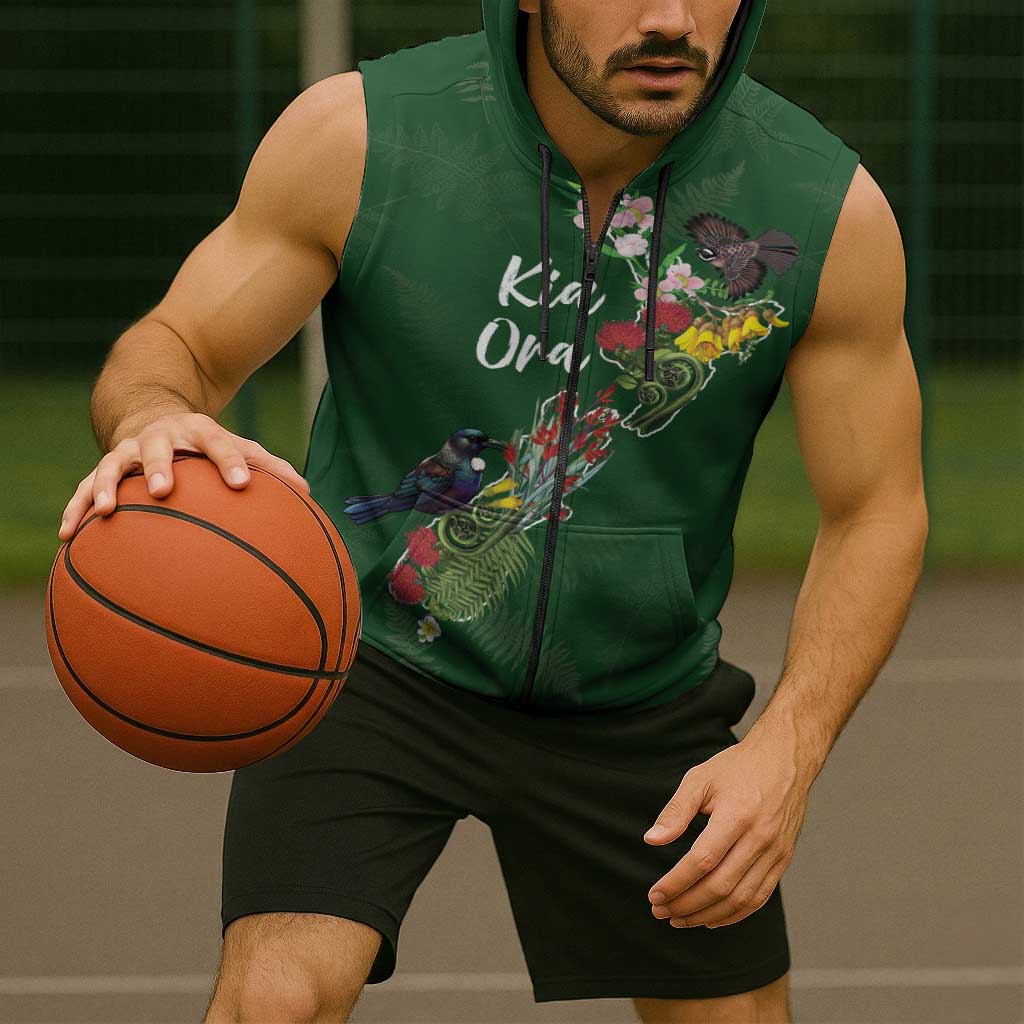 Kia Ora New Zealand Floral Personalized Sleeveless Zip Hoodie Sage Green LT7