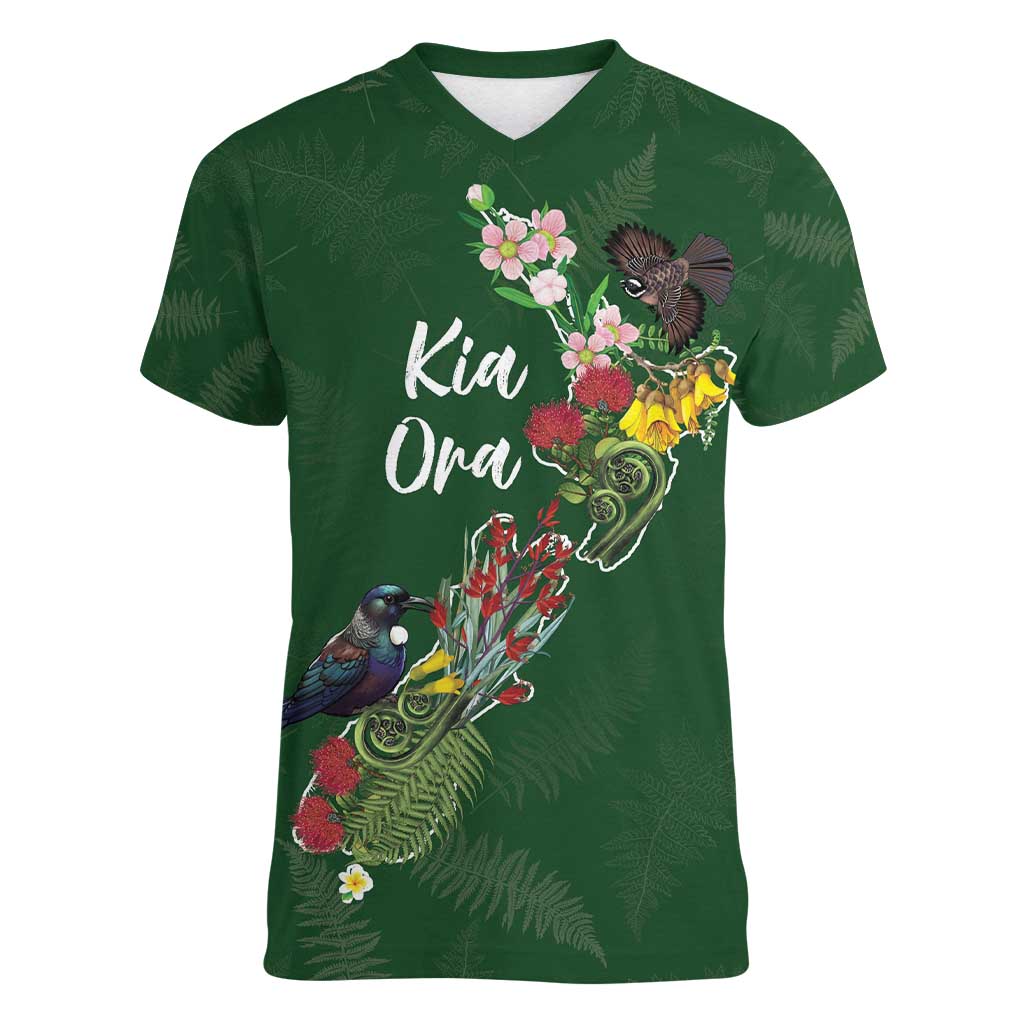 Kia Ora New Zealand Floral Personalized Women V-Neck T-Shirt Sage Green - Aussie Hoodie