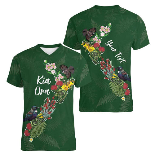 Kia Ora New Zealand Floral Personalized Women V-Neck T-Shirt Sage Green - Aussie Hoodie