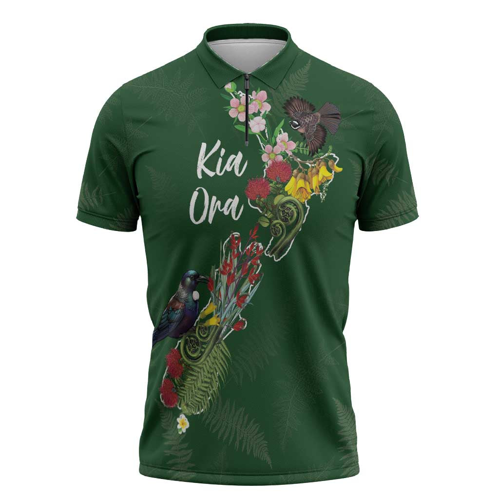 Kia Ora New Zealand Floral Personalized Zipper Polo Shirt Sage Green - Aussie Hoodie