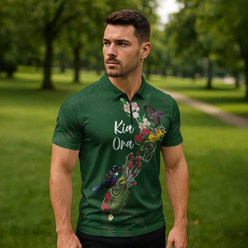 Kia Ora New Zealand Floral Personalized Zipper Polo Shirt Sage Green - Aussie Hoodie